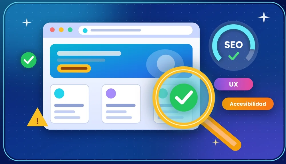 Ilustración de una página web con una lupa que revisa SEO, experiencia de usuario y accesibilidad