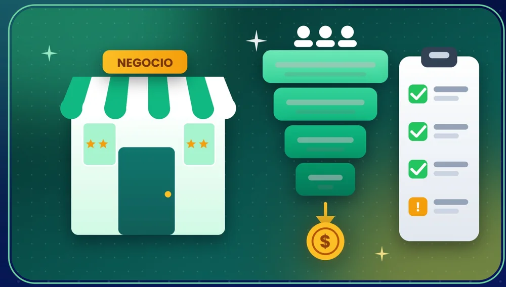 Ilustración de un negocio, un embudo de clientes y una lista de verificación con puntos a mejorar